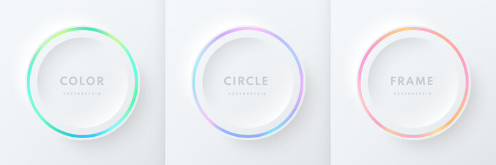 set of pink-blue, red-purple and green illuminate neon lighting circles frames on white background. 