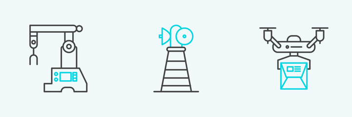Poster - Set line Drone delivery concept, Assembly line and Antenna icon. Vector