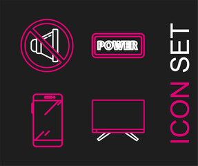 Poster - Set line Smart Tv, Smartphone, mobile phone, Power button and Speaker mute icon. Vector