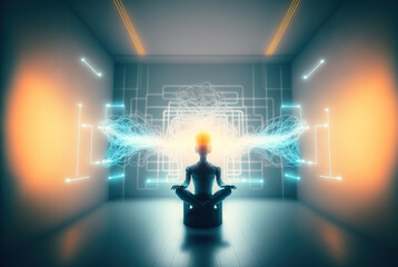 Poster - Digital era woman meditating in neon wires, with consciousness connected to the world via technological structure. Generated AI.