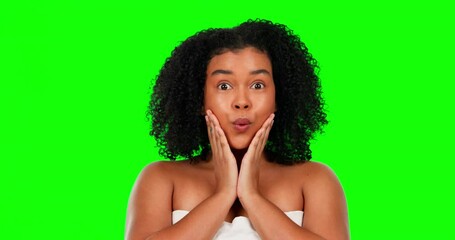 Sticker - Skincare, wow and face of a woman on a green screen isolated on a studio background for beauty. Surprise, grooming and portrait of a girl touching her skin with shock for hydration and moisture