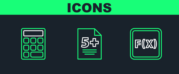 Sticker - Set line Function mathematical symbol, Calculator and Test exam sheet icon. Vector