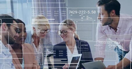 Poster - Animation of financial data processing over diverse business people in office