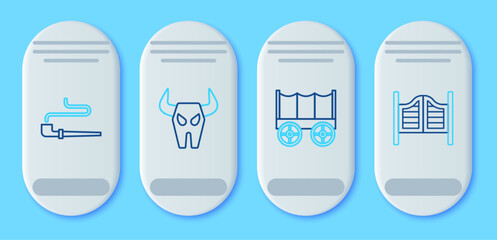 Sticker - Set line Buffalo skull, Wild west covered wagon, Smoking pipe and Saloon door icon. Vector