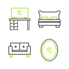 Sticker - Set line Mirror, Sofa, Big bed and TV table stand icon. Vector