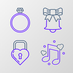 Sticker - Set line Music note, tone with hearts, Castle in the shape of, Ringing bell and Diamond engagement ring icon. Vector