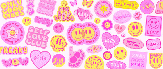 Poster - Cool Groovy Stickers Background. Y2k Patches Collage. Pop Art Girly Pink Illustration Vector Design. Funky Pattern.