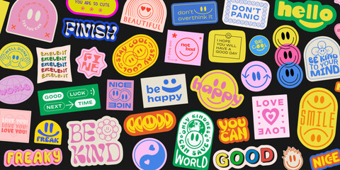 Aufkleber - Cool Groovy Stickers Background. Y2k Patches Collage. Pop Art Illustration Vector Design. Funky Pattern.