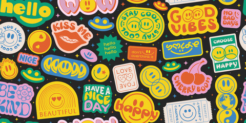 Poster - Cool Groovy Seamless Pattern Stickers Collage. Trendy Retro 90s Style Patches Funny Cartoon Smile Faces. Y2k background Vector Design.