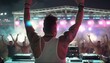 DJ reißt Arme hoch beim Auflegen auf einem großen Festival mit feiernden Menschen. Party Event mit DJ, Musik und Lightshow. Partystimmung zum Tanzen. Generativ KI   