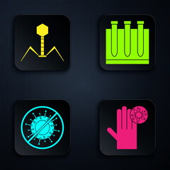 Wall Mural - Set Hand with virus, Bacteria bacteriophage, Stop virus and Blood test and virus. Black square button. Vector