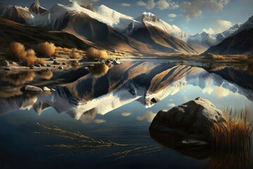 Wall Mural - serene mountain lake with majestic mountains towering in the distance. generative ai
