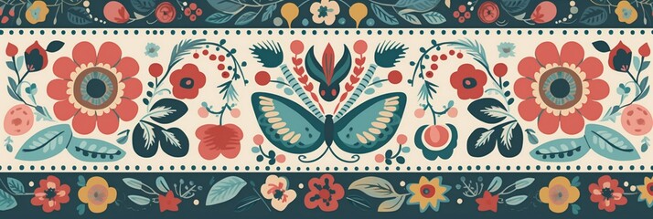 Wall Mural - Scandinavian traditional folk art, texture Background design, colorful, floral, Generative AI