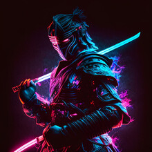 Neon Corrupted Samurai Male Holding Samurai Sword -  A Neon Corrupted Samurai Male Holding Samurai - Generative AI