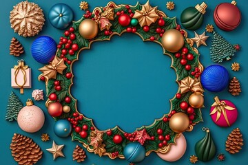 Sticker - festive Christmas wreath with colorful ornaments on a blue background. Generative AI