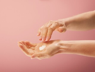 Wall Mural - Woman applying cream on hand on isolated pink background