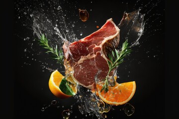 Fresh raw meat with splash of water on black background, closeup