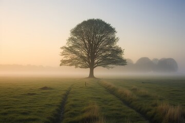 Wall Mural - a lonely tree, open fields and woodlands , misty morning in the morning