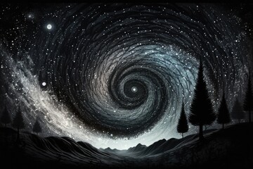 Wall Mural - serene night sky with twinkling stars and tall trees. Generative AI