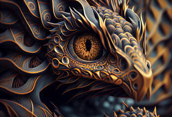 Leinwandbilder - A complex, multi-layered pattern of interlocking shapes that resembles a Dragon face. Generative AI technology.	
