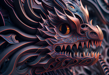 Leinwandbilder - A complex, multi-layered pattern of interlocking shapes that resembles a Dragon face. Generative AI technology.	
