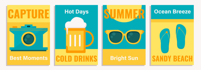 Poster - Collection of four summer posters, templates, vector illustrations of summer days in a flat style.