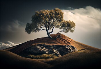 A lone tree grows on a hill. Can show leadership, overcoming adversity, inspiration. Generative AI