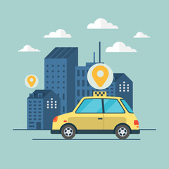 Poster - Online ordering taxi car, rent and sharing using service mobile application. Yellow car route and points location on city map and urban landscape background. Public transport, town automobile