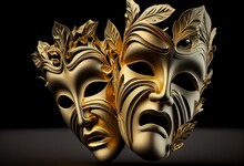 Theater Masks. Tragicomic Theater Grotesque Masks Isolated On Black Background. Golden Colored Version. 3D-rendering Graphics. Generative AI