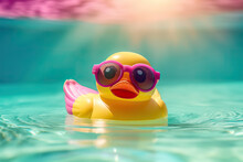 Yellow Rubber Duck Swimming In A Pool. Summer Holidays Concept. Generative AI