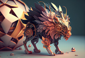 Aufkleber - Beautiful surreal geometric Manticore concept, contemporary colors and mood social background. Generative AI technology.
