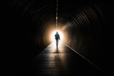 person walking towards to the light at the end of tunnel. AI generative image.