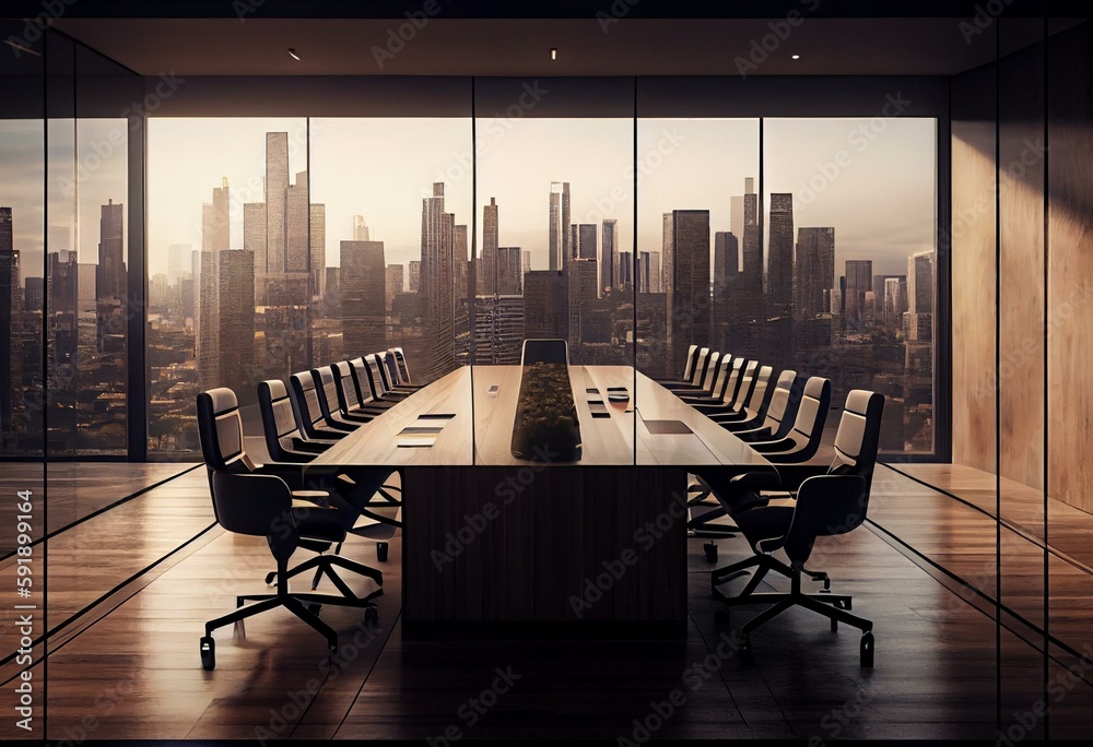 Front view on huge light wooden meeting table surrounded by office ...