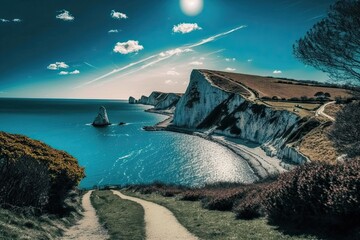 Wall Mural - serene path leading to the beautiful ocean. generative ai