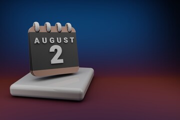 Poster - Standing black and red month lined desk calendar with date August  2. Modern design with golden elements, 3d rendering illustration. Blue gray background..