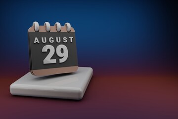 Poster - Standing black and red month lined desk calendar with date August 29. Modern design with golden elements, 3d rendering illustration. Blue gray background..