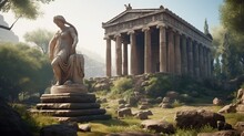 Ancient Greek Temple Ruins With Statue, Ancient Greek Civilization. Generative AI