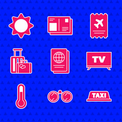 Poster - Set Passport, Binoculars, Taxi car roof, Smart Tv, Meteorology thermometer, Suitcase, Airline ticket and Sun icon. Vector