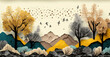 © Divyesh - Brown trees with golden flowers and turquoise, black and gray mountains in light yellow background with white clouds and birds. 3d illustration wallpaper landscape art
