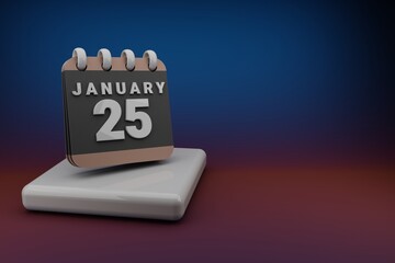 Poster - Standing black and red month lined desk calendar with date January 25. Modern design with golden elements, 3d rendering illustration. Blue gray background..