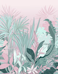 Poster - Tropical pattern. Tropical forest. Large banana leaves and exotic flowers.  Bordure print.