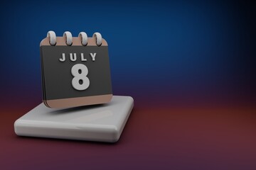 Poster - Standing black and red month lined desk calendar with date July 8. Modern design with golden elements, 3d rendering illustration. Blue gray background..
