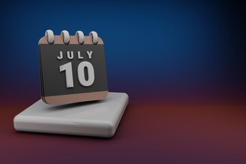 Poster - Standing black and red month lined desk calendar with date July 10. Modern design with golden elements, 3d rendering illustration. Blue gray background..