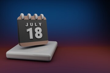 Poster - Standing black and red month lined desk calendar with date July 18. Modern design with golden elements, 3d rendering illustration. Blue gray background..