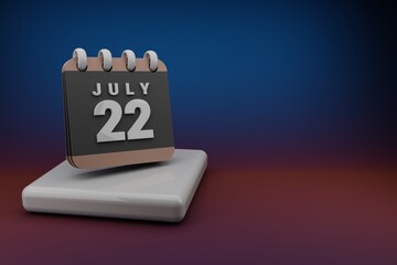 Poster - Standing black and red month lined desk calendar with date July 22. Modern design with golden elements, 3d rendering illustration. Blue gray background..