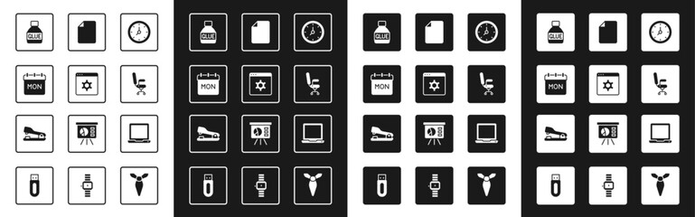 Poster - Set Clock, Browser setting, Calendar, Glue, Office chair, File document, Laptop and Stapler icon. Vector