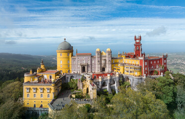 Poster - Palace of Pena in Sintra. Lisbon, Portugal. Part of cultural site of Sintra City. Drone Point of View