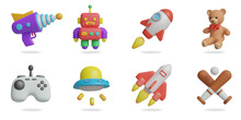 Kids Toys 3D Vector Icon Set.
Space Gun,robot Toy,rocket,teddy Bear,joystick,ufo Toy,spaceship,baseball Bat