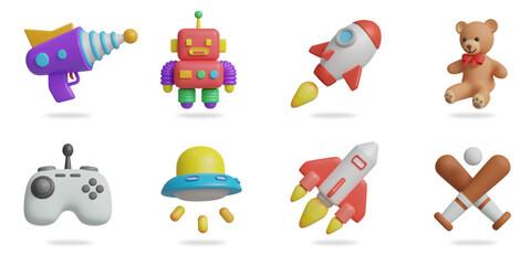 kids toys 3D vector icon set.
space gun,robot toy,rocket,teddy bear,joystick,ufo toy,spaceship,baseball bat