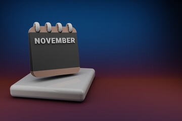 Poster - Standing black and red month lined desk calendar with date November. Modern design with golden elements, 3d rendering illustration. Blue gray background.